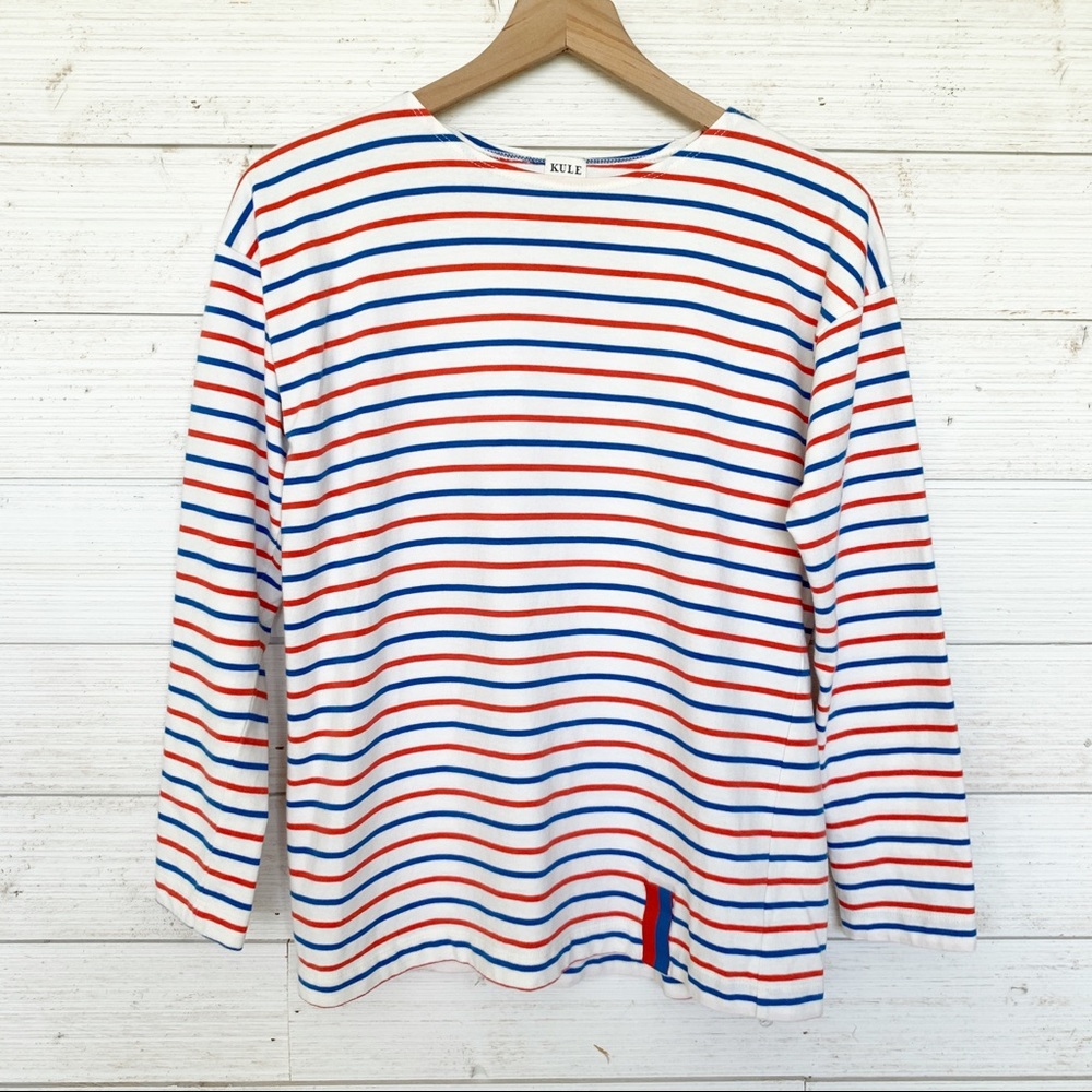 KULE “The Boyfriend” White True Blue Poppy Stripe Long Sleeve Tee, Size S